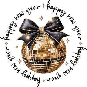 Happy New Year Sparkle Disco Bow Black – DTF Transfer