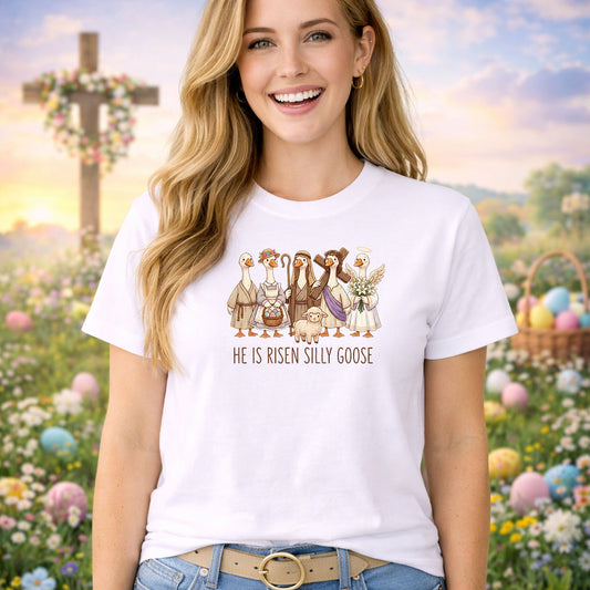 He Is Risen Silly Goose DTF transfer design mockup on a t-shirt featuring cartoon geese dressed as biblical figures with HE IS RISEN SILLY GOOSE caption