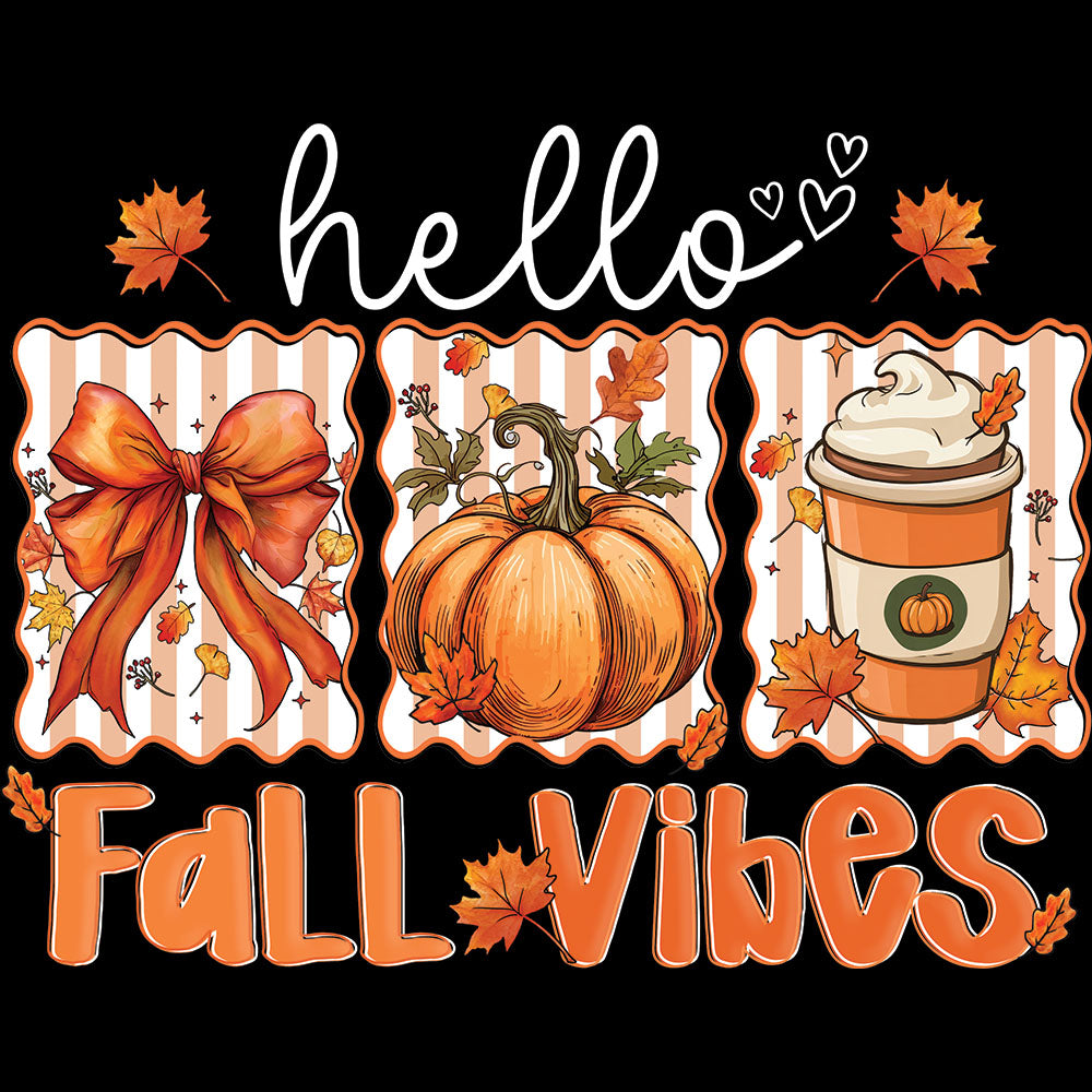 Hello Fall Vibes Trio DTF transfer design featuring three orange-striped patches showing a fall bow, an orange pumpkin, and a pumpkin spice latte under hello script with FALL VIBES typography