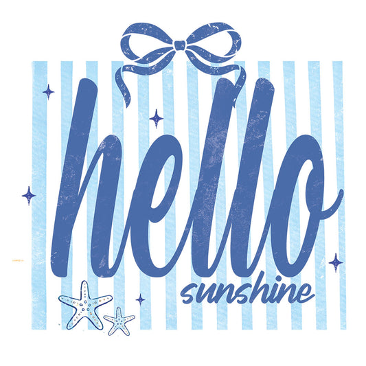 Hello Sunshine Blue Stripes DTF transfer design featuring hello script in blue with sunshine subtitle on a blue and white striped patch with starfish accent