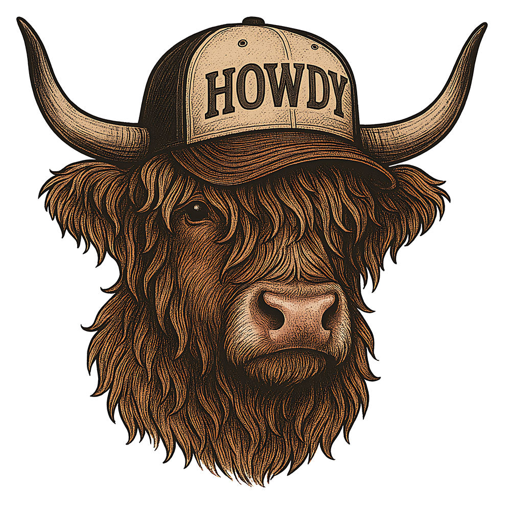 Howdy Highland Cow DTF transfer design featuring a brown highland cow with long horns wearing a tan HOWDY western trucker cap