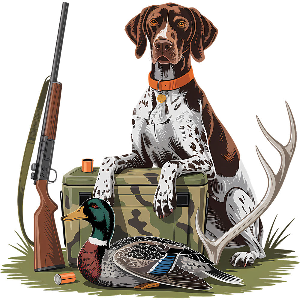 Hunting Dog DTF transfer design featuring a German Shorthaired Pointer hunting dog sitting beside a rifle, ammo box and a duck decoy with deer antlers nearby