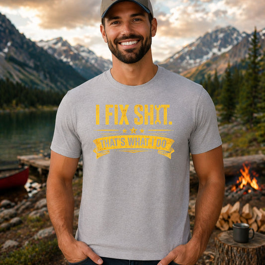 I Fix Shit DTF transfer design mockup on a t-shirt featuring a yellow ribbon banner with THAT'S WHAT I DO and bold I FIX SHIT block lettering