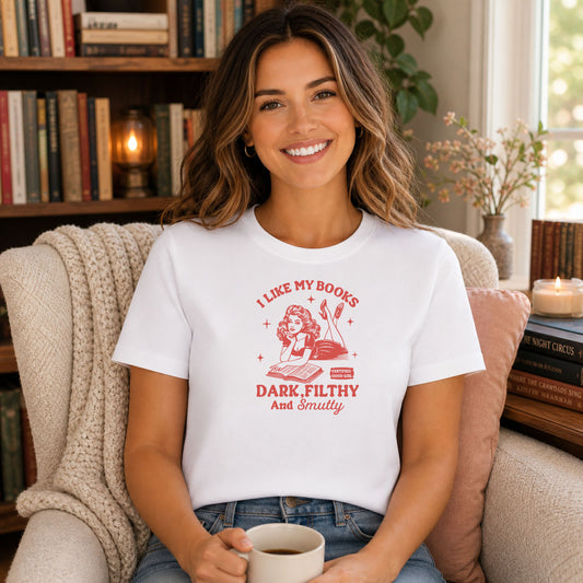 I Like My Books Dark Filthy And Smutty DTF transfer mockup on a t-shirt featuring a retro pin-up woman reading with a certified good girl badge