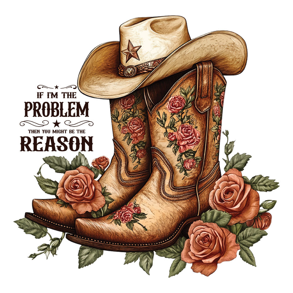 If I'm The Problem Cowboy Boots DTF transfer design featuring floral-painted cowboy boots and hat surrounded by roses with If I'm The Problem Then You Might Be The Reason typography