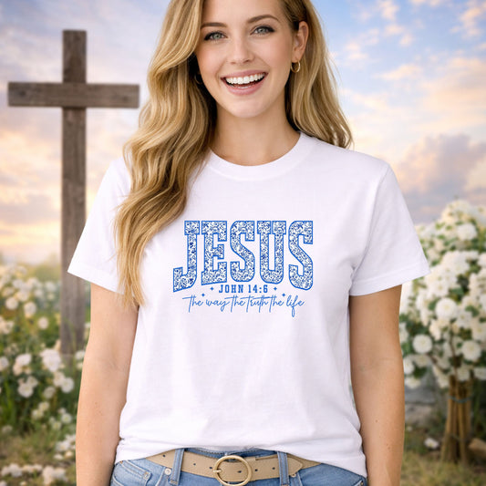 Jesus The Way Blue Floral DTF transfer design mockup on a t-shirt featuring blue floral-filled JESUS typography with John 14:6 The Way The Truth The Life reference