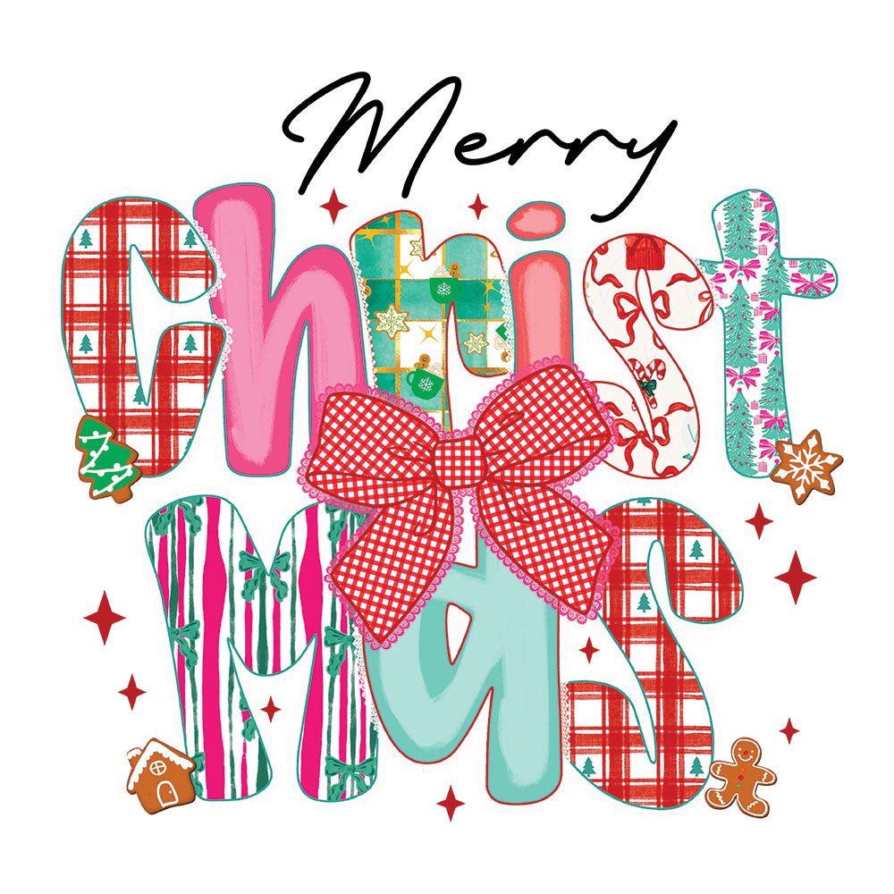 Lace Merry Christmas Black DTF transfer design featuring patchwork Christmas patterned Christmas letters with Merry script, pink gingham bow and gingerbread men on a white background