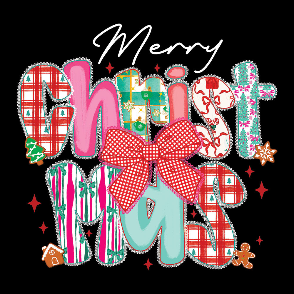 Lace Merry Christmas White DTF transfer design featuring patchwork Christmas patterned Christmas letters with Merry on top, pink gingham bow and gingerbread men on a black background