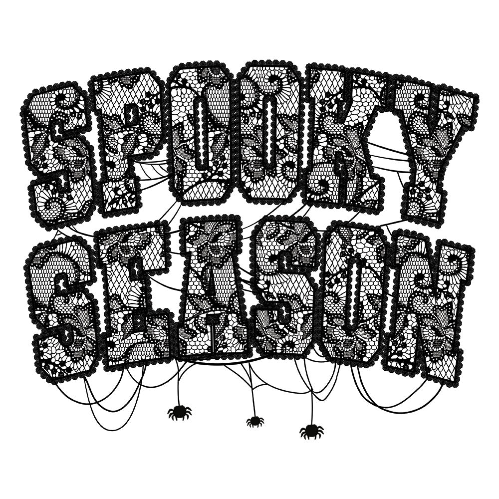 Lace Spooky Season DTF transfer design featuring SPOOKY SEASON typography rendered in black lace pattern with hanging spiders below