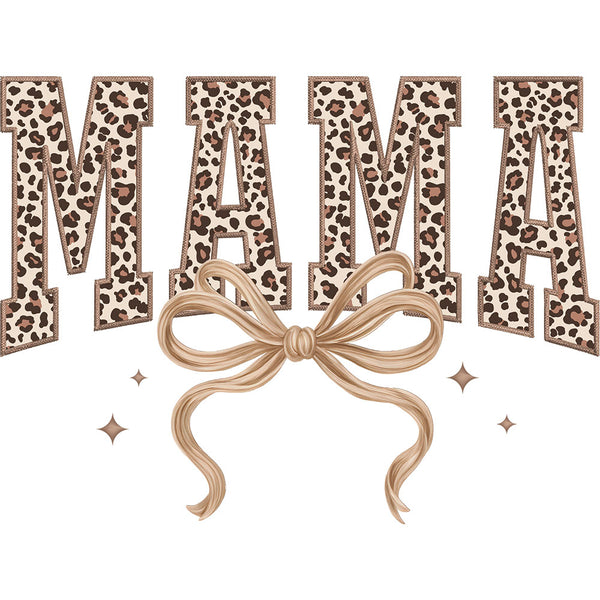 Leopard Mama Coquette Bow DTF transfer design featuring MAMA in distressed leopard print with a beige coquette bow accent