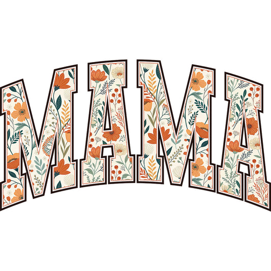 Mama Boho Floral Varsity DTF transfer design featuring MAMA in bold varsity-style letters filled with boho floral pattern and daisies