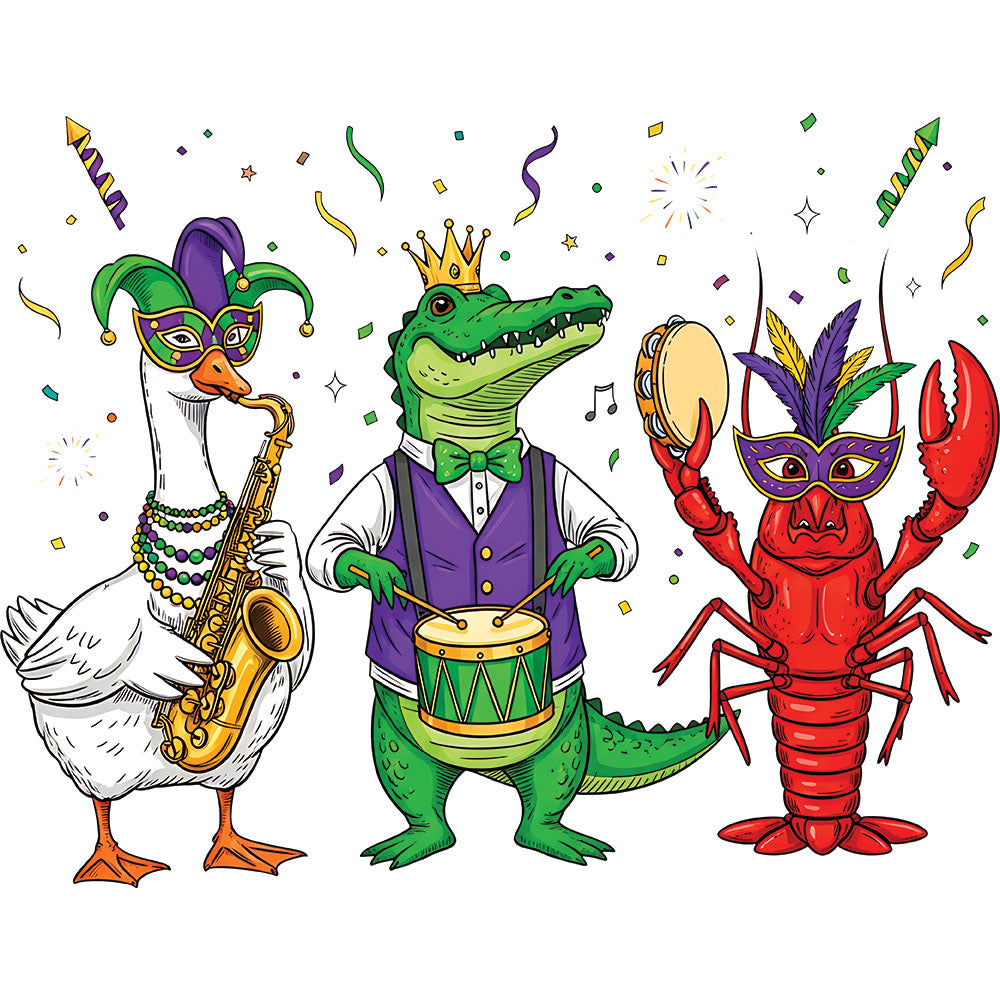 Mardi Gras Animals DTF transfer design featuring a trio of party animals including a goose, frog and crawfish all wearing crowns and Mardi Gras attire