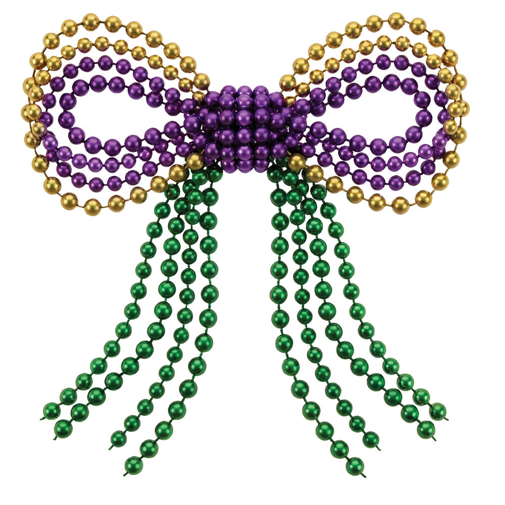 Mardi Gras Bead Bow DTF transfer design featuring two layered Mardi Gras hearts in purple gold and green surrounded by beaded necklaces and a fleur-de-lis