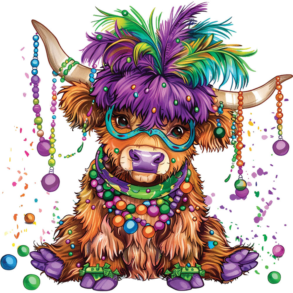 Mardi Gras Highland Cow DTF transfer design featuring an adorable highland cow wearing a colorful feathered Mardi Gras masquerade mask with bead necklaces