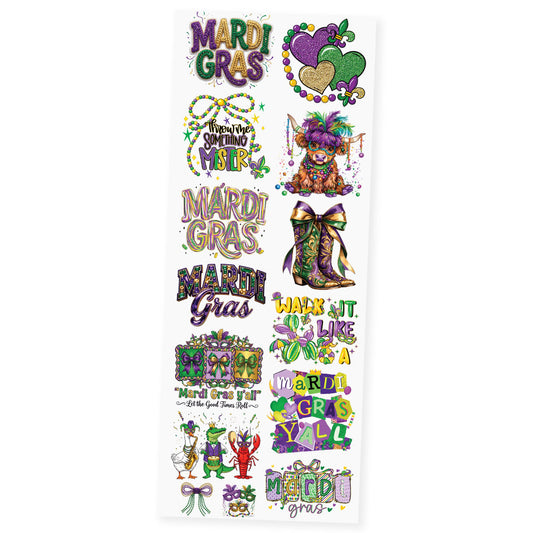 Mardi Gras Party Pack premade DTF transfer gangsheet featuring 14 Mardi Gras designs in purple, green and gold including faux glitter and rhinestone Mardi Gras typography, Throw Me Something Mister beads, Mardi Gras highland cow with feather mask, coquette cowboy boot, Walk It Like A Dog balloon, Mardi Gras Y'all, Mardi Gras animals trio and watercolor mason jars