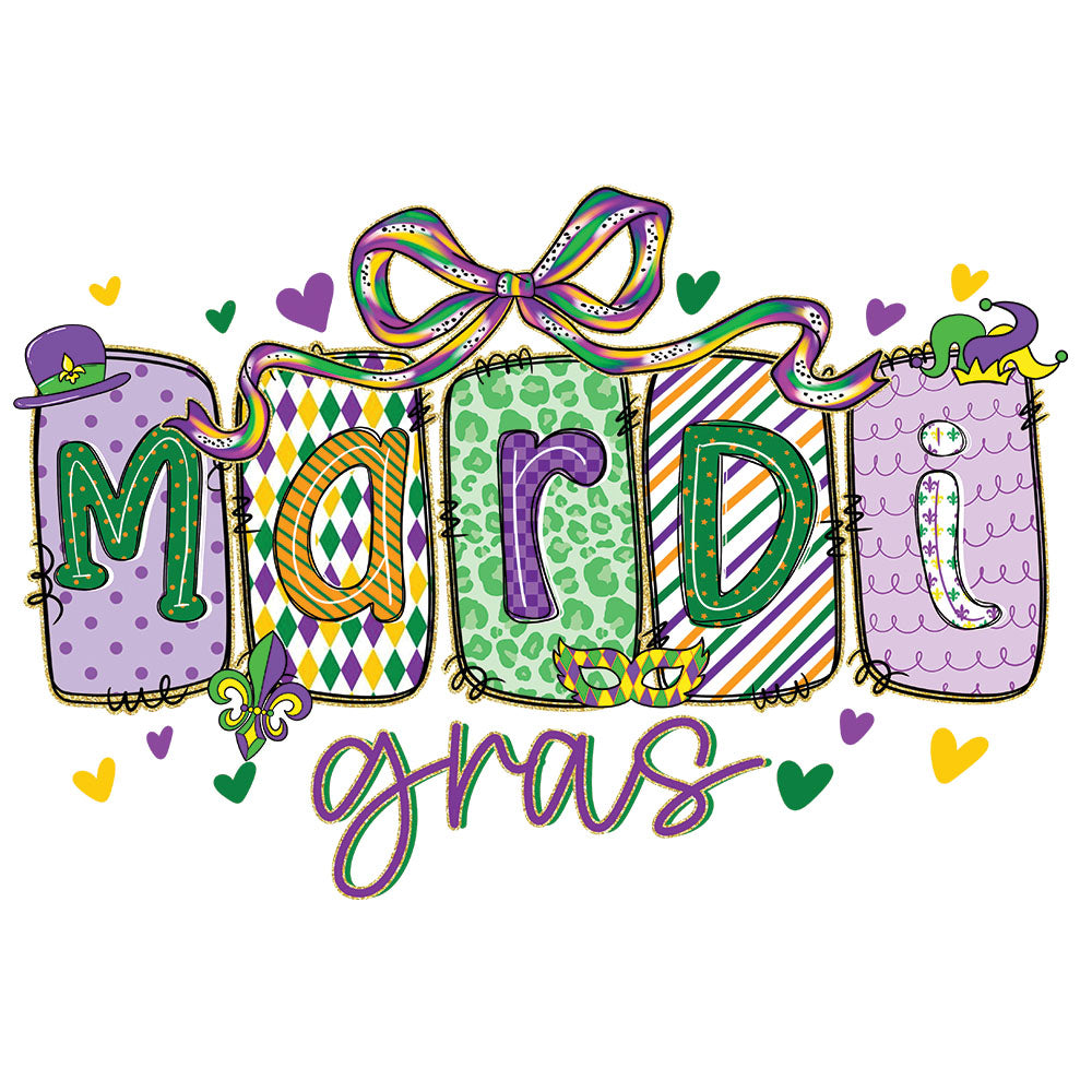 Mardi Gras Vibrant DTF transfer design featuring bold vibrant MARDI GRAS lettering with cursive Gras script in classic Mardi Gras purple green and gold