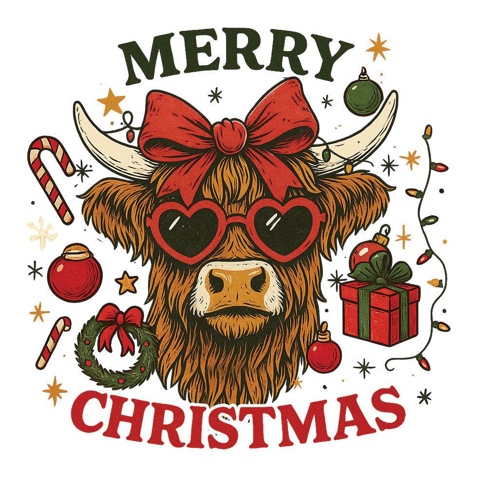 Merry Christmas Highland Cow DTF transfer design featuring a fluffy highland cow with red bow and heart sunglasses surrounded by candy canes, ornaments, wreath, present and Christmas lights with Merry Christmas typography
