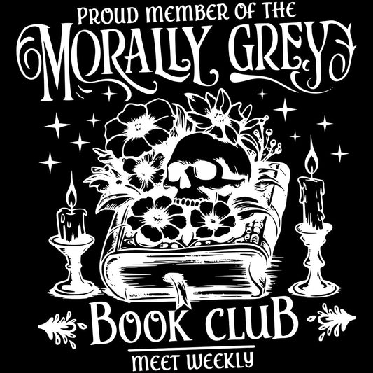 Morally Grey Bookclub DTF transfer design featuring a white skull resting atop a stack of books surrounded by candles and flowers with elegant Morally Grey Bookclub lettering