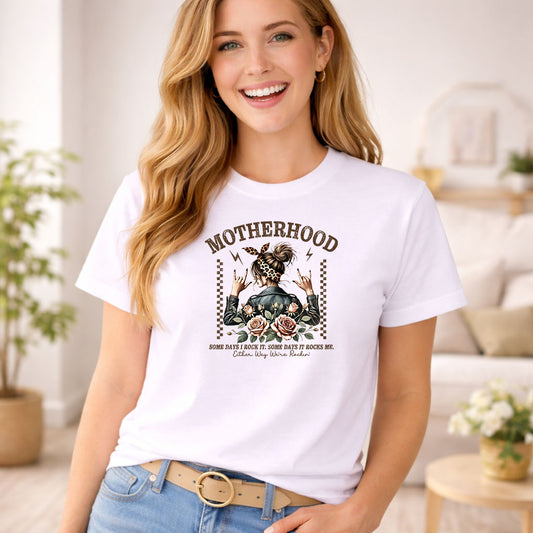 Motherhood Messybun Rock It DTF transfer design mockup on a t-shirt featuring a woman with messy bun and leopard headband from behind in leather jacket with a rose tattoo and Some Days I Rock It text