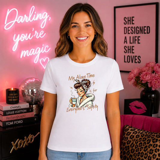 My Alone Time Is For Safety DTF transfer design mockup on a t-shirt featuring a retro pin-up style lady with leopard headscarf and coffee with My Alone Time is for Everyone's Safety lettering