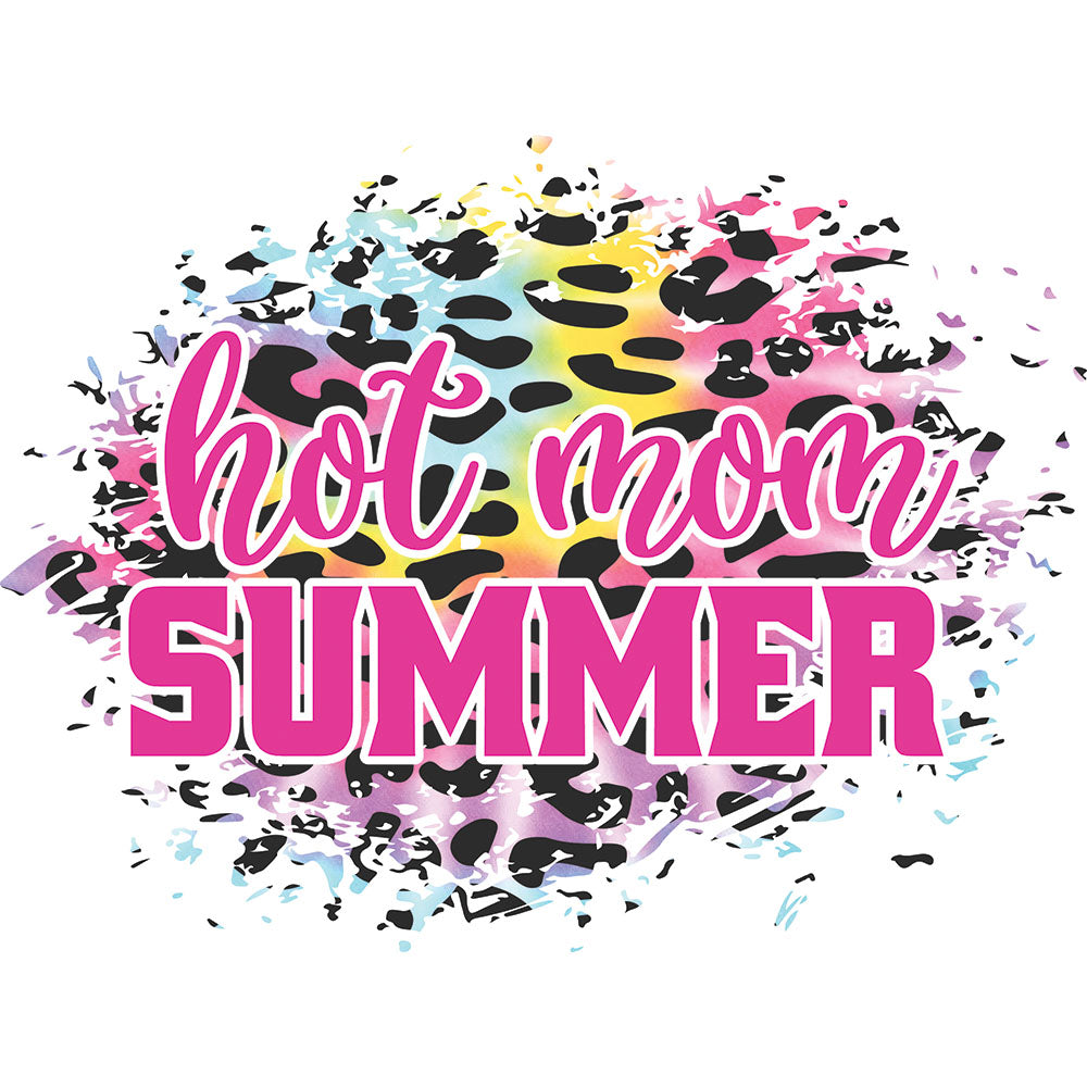 Neon Leopard Hot Mom Summer DTF transfer design featuring pink hot mom SUMMER typography on a neon rainbow leopard print splatter background