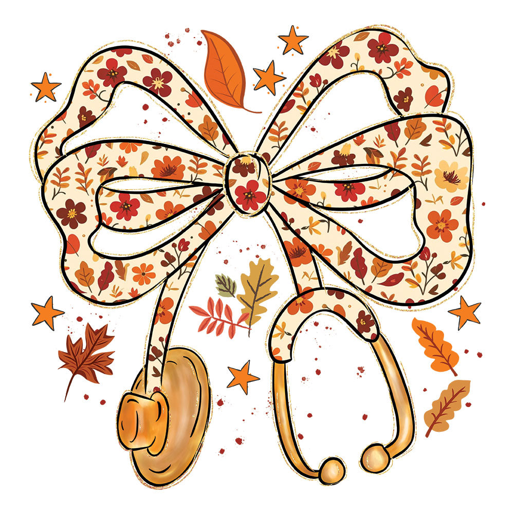 Nurse Fall Bow DTF transfer design featuring a fall-floral patterned bow with a tan stethoscope wrapped around it surrounded by autumn leaves and stars