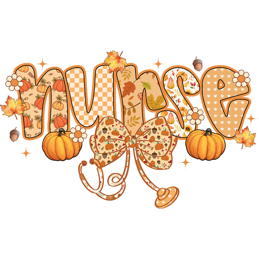Nurse Fall Design DTF transfer design featuring nurse script-style letters filled with fall patterns of pumpkins, checkered and leaves with a floral fall-print stethoscope and bow