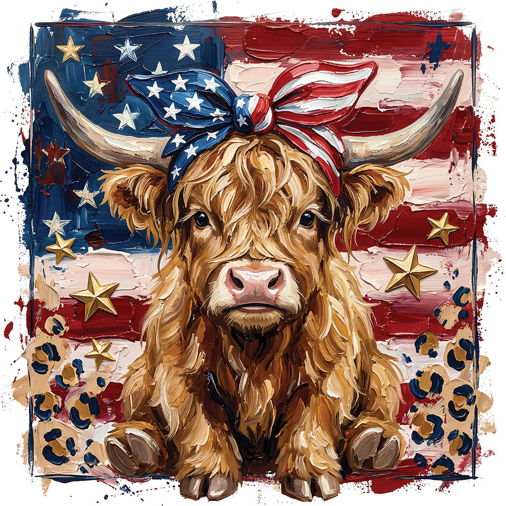 Painted Highland Cow DTF transfer design featuring a fluffy highland cow with a red bandana set against a painted American flag background
