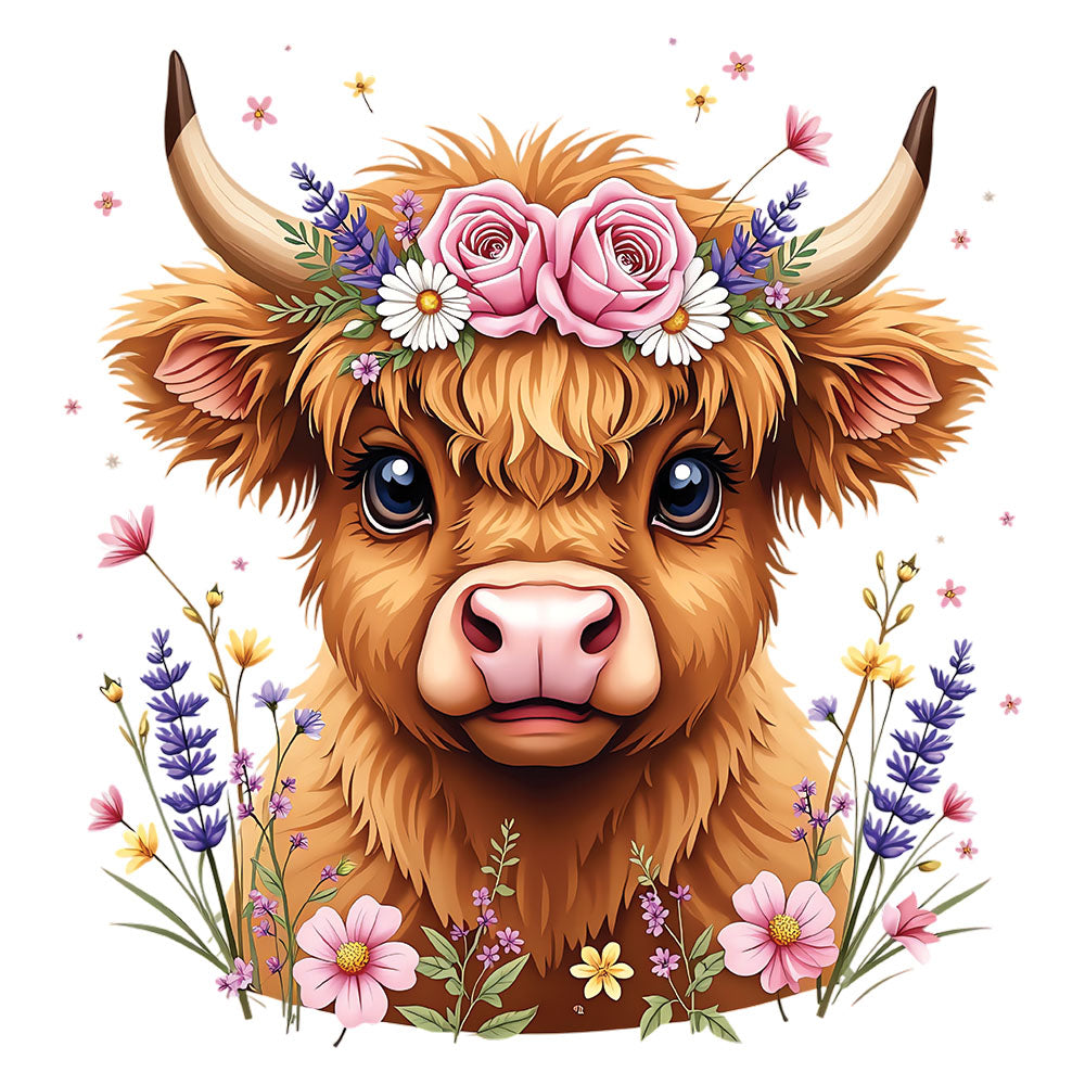 Pastel Flower Highland Cow DTF transfer design featuring a brown highland cow with a floral crown of pastel pink roses and purple wildflowers surrounded by spring blooms
