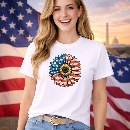 Patriotic Sunflower DTF transfer design mockup on a t-shirt featuring a sunflower with flag-striped petals and white stars