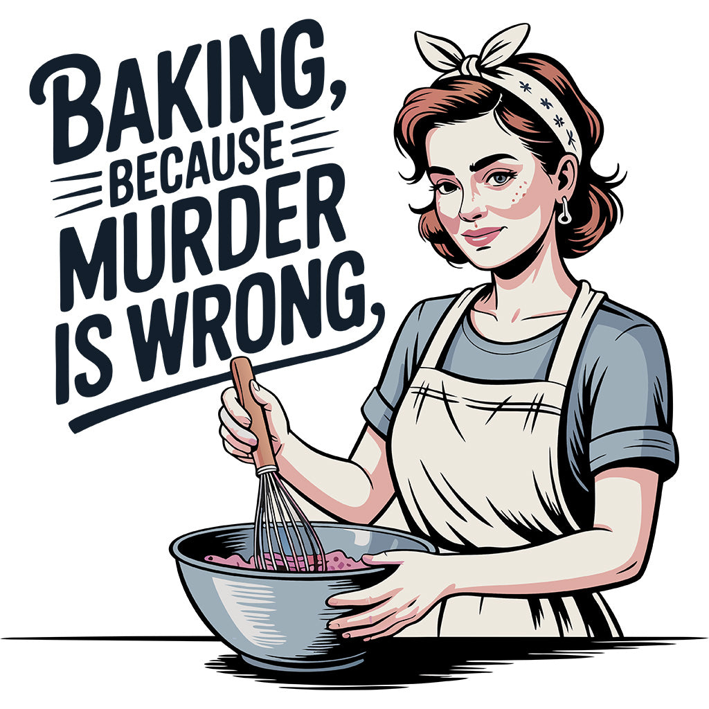 Baking Because Murder Is Wrong DTF transfer design featuring a vintage-style woman with bow headband whisking a bowl alongside bold Baking Because Murder Is Wrong typography