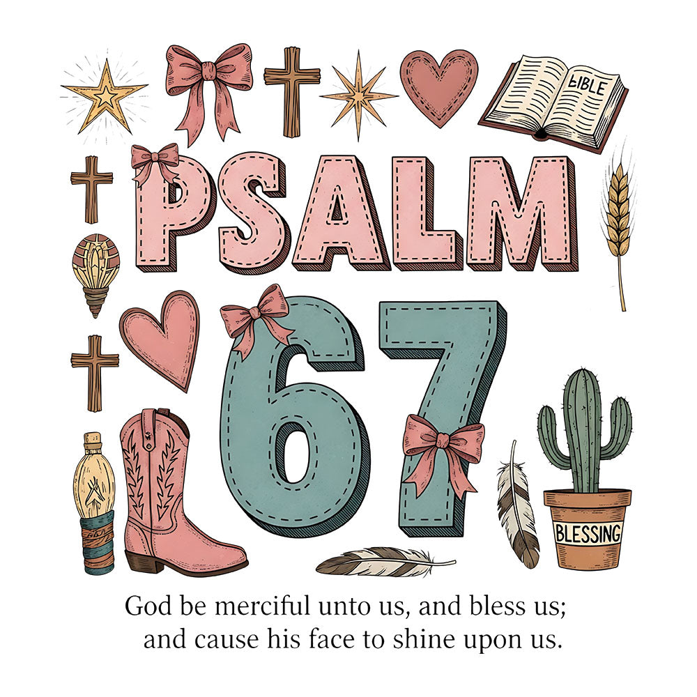 Psalm 67 Western Pastel DTF transfer design featuring pastel PSALM 67 typography with crosses, hearts, bows, cowboy boots, cactus, feathers and the verse God be merciful unto us and bless us and cause his face to shine upon us