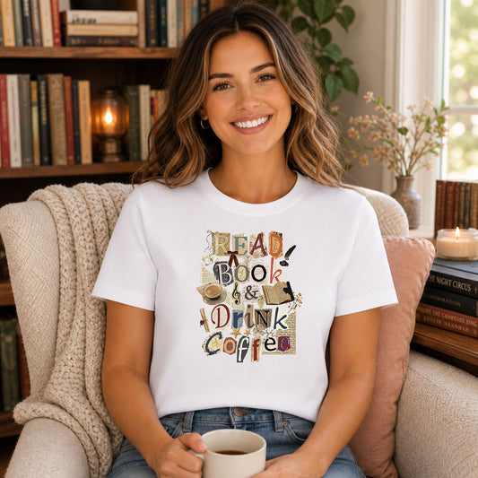 Read Book And Drink Coffee DTF transfer design mockup on a t-shirt featuring READ BOOK and DRINK COFFEE in colorful magazine cutout-style typography