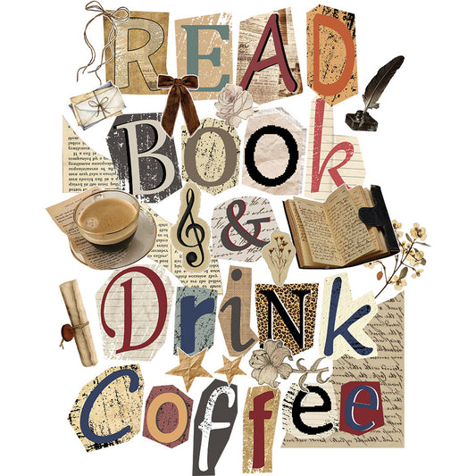 Read Book And Drink Coffee DTF transfer design featuring READ BOOK and DRINK COFFEE in mixed magazine ransom-note style letters