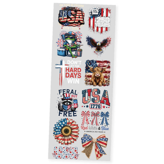 Red White and Blue Patriotic premade DTF transfer gangsheet featuring 12 patriotic American designs including 250 Years of Freedom USA, 250 Years Flag, Patriotic Frog with cooler, American Vibrant Eagle, Don't Let The Hard Days Win cross, Painted Highland Cow with bandana, Feral But Free Patriotic Raccoon, USA Patriotic Patterns, Patriotic Sunflower, Red White and Blue Bows, USA Coquette Floral and American Coquette Bow