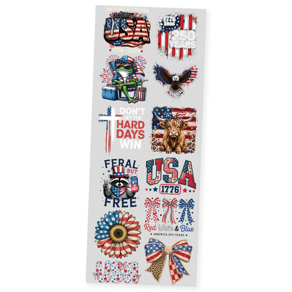 Red White and Blue Patriotic premade DTF transfer gangsheet featuring 12 patriotic American designs including 250 Years of Freedom USA, 250 Years Flag, Patriotic Frog with cooler, American Vibrant Eagle, Don't Let The Hard Days Win cross, Painted Highland Cow with bandana, Feral But Free Patriotic Raccoon, USA Patriotic Patterns, Patriotic Sunflower, Red White and Blue Bows, USA Coquette Floral and American Coquette Bow