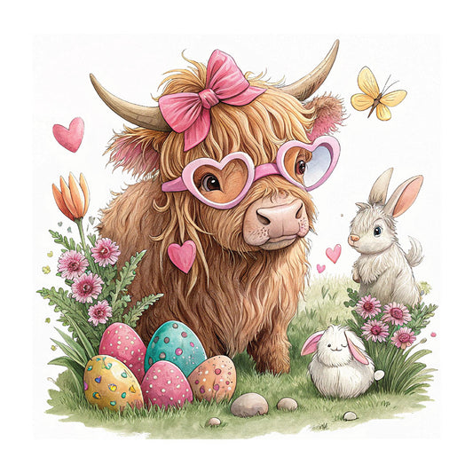 Retro Easter Highland Cow DTF transfer design featuring a fluffy highland cow with pink heart sunglasses, a pink bow, pastel Easter eggs, a bunny and butterflies