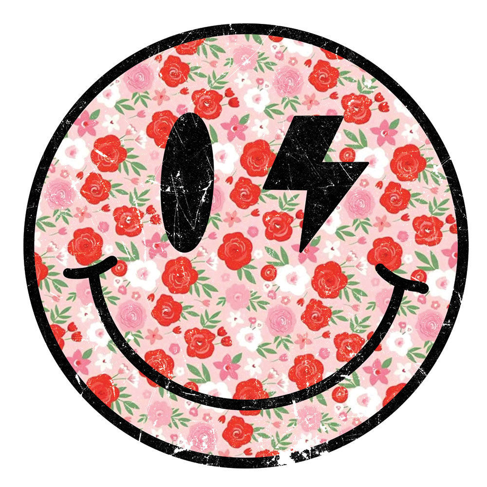 Retro Flower Smiley DTF transfer design featuring a black smiley face with a lightning bolt eye filled with pink and red roses