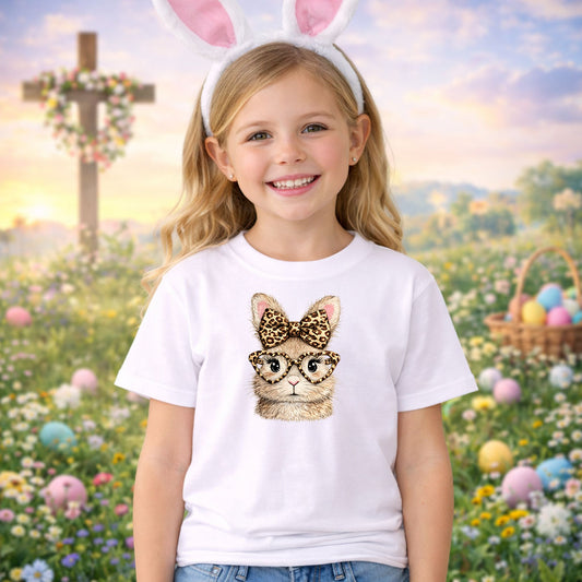 Retro Leopard Bunny DTF transfer design mockup on a t-shirt featuring a fawn bunny with leopard print bow and matching leopard heart-shaped glasses