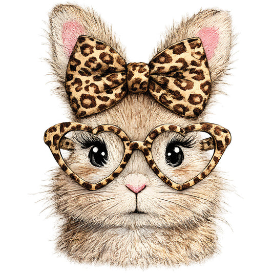 Retro Leopard Bunny DTF transfer design featuring a fawn bunny portrait with a leopard print bow and matching leopard heart-shaped glasses