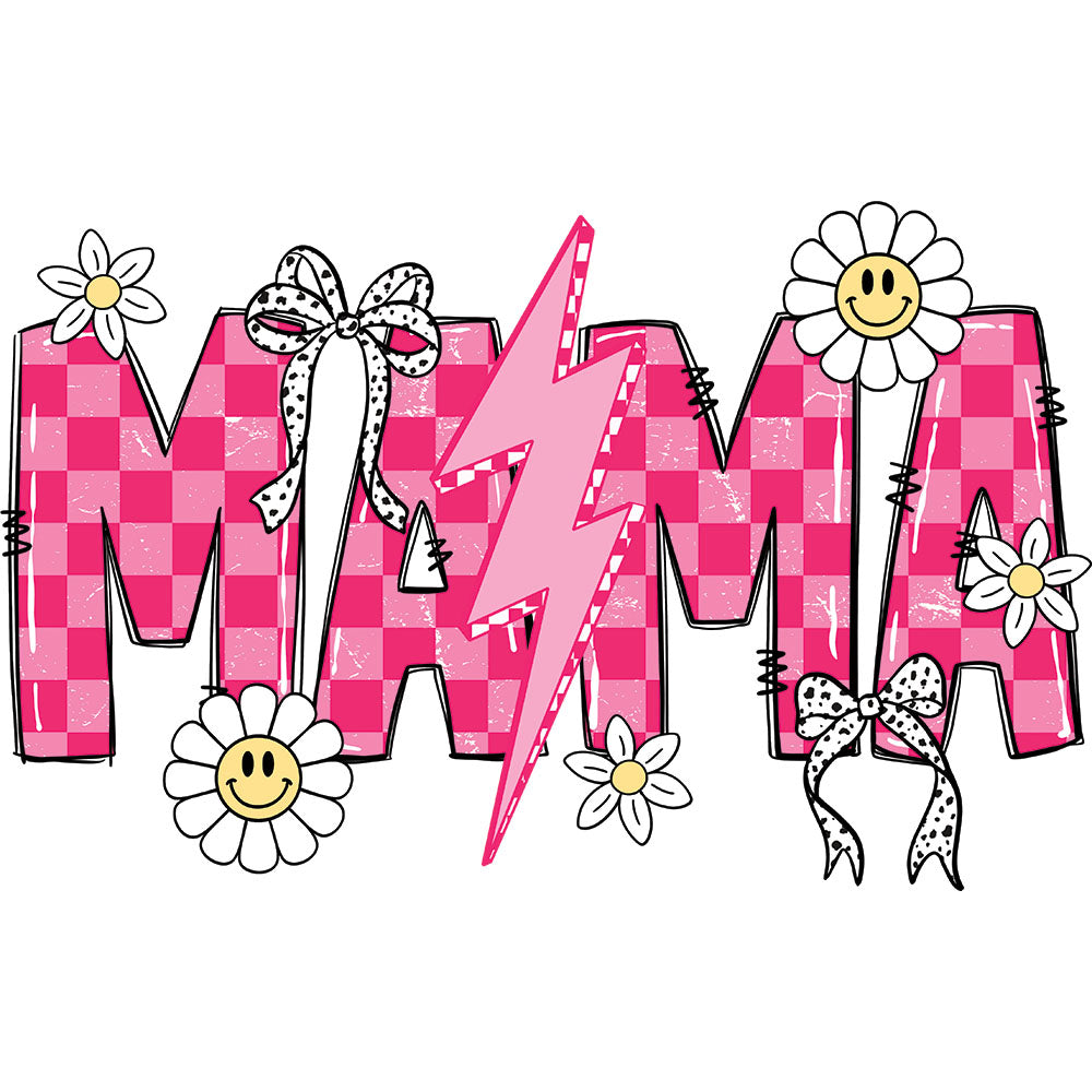 Retro Pink Mama Design DTF transfer design featuring pink checkered MAMA letters with a pink lightning bolt, daisies with smiley centers and small ribbon bows