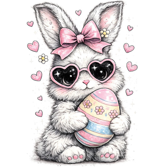 Retro Preppy Cute Bunny DTF transfer design featuring a colorful preppy bow ornament accented with hearts in pastel pinks blues and yellows