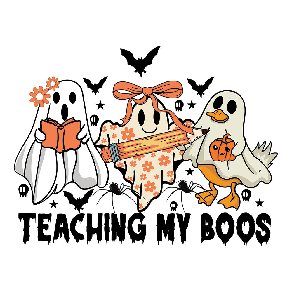 Retro Teaching My Boos DTF transfer design featuring three cartoon ghosts holding school items including an orange book, a giant pencil with leopard print and a pumpkin with Teaching My Boos typography and bats