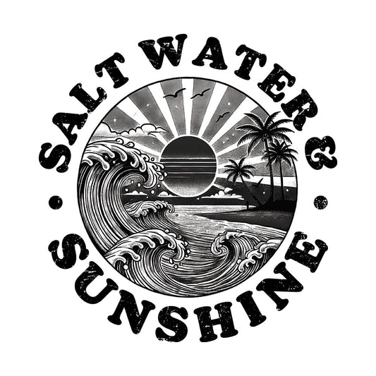 Salt Water And Sunshine Black DTF transfer design featuring a black and white circular emblem with ocean wave, sun, and palm tree silhouette inside a round border