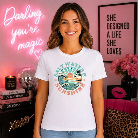 Salt Water And Sunshine DTF transfer mockup on a t-shirt featuring a circular wave, sunset, and palm tree emblem