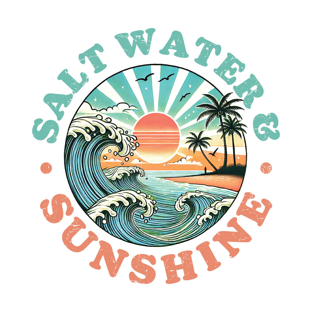 Salt Water And Sunshine DTF transfer design featuring a circular emblem with teal ocean wave, orange sunset, and peach palm tree silhouette inside the round outline with text
