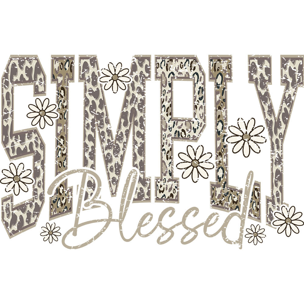 Simply Blessed Camo DTF transfer design featuring distressed SIMPLY Blessed lettering with mixed leopard and floral pattern fills and tiny daisy accents