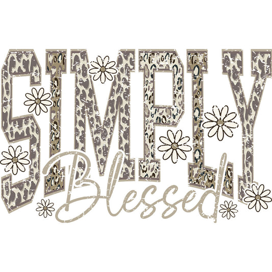 Simply Blessed Camo DTF transfer design featuring distressed SIMPLY Blessed lettering with mixed leopard and floral pattern fills and tiny daisy accents