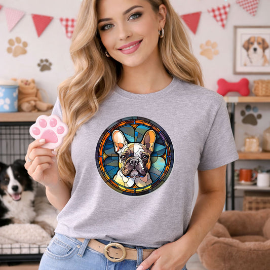 Stained Glass Frenchie DTF transfer design mockup on a gray t-shirt featuring a French Bulldog portrait set inside a colorful stained glass window medallion