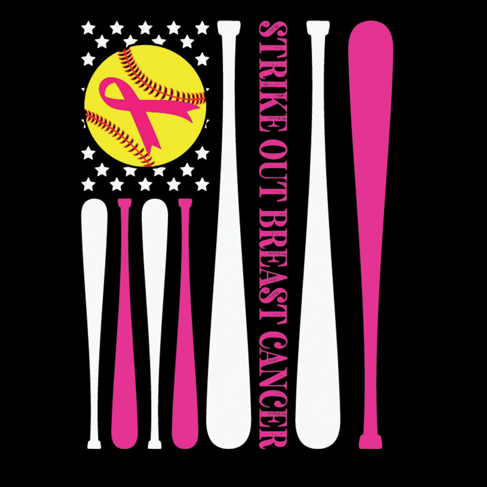 Strike Out Breast Cancer Softball Flag DTF transfer design featuring a yellow softball with pink awareness ribbon over an American flag composed of pink and white softball bats with STRIKE OUT BREAST CANCER vertical typography